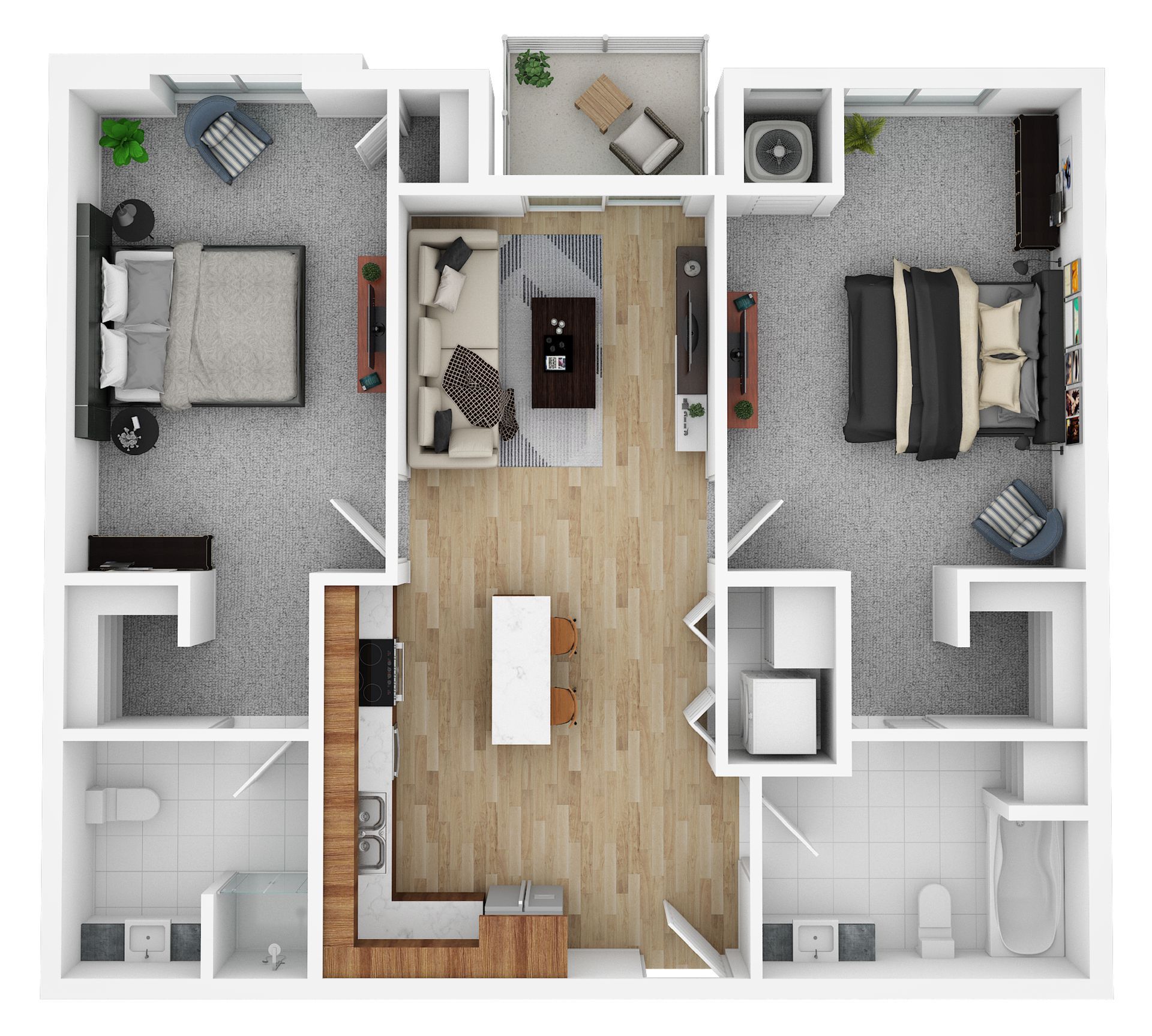 Top-down apartment floor plan with bedroom, kitchen-living area, bathroom, and two closets.