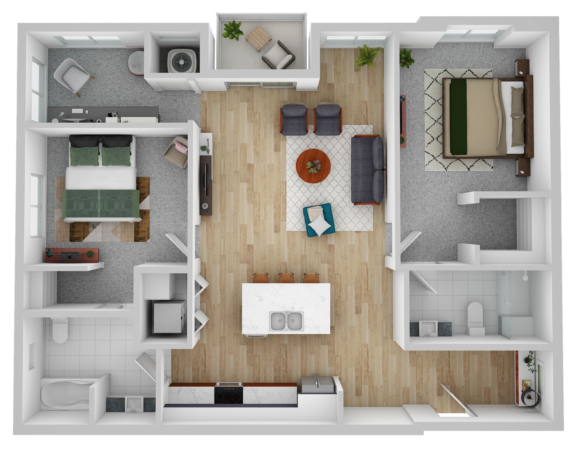 Top-down floor plan of a modern apartment with living room, kitchen, bedroom, bath, and balcony.