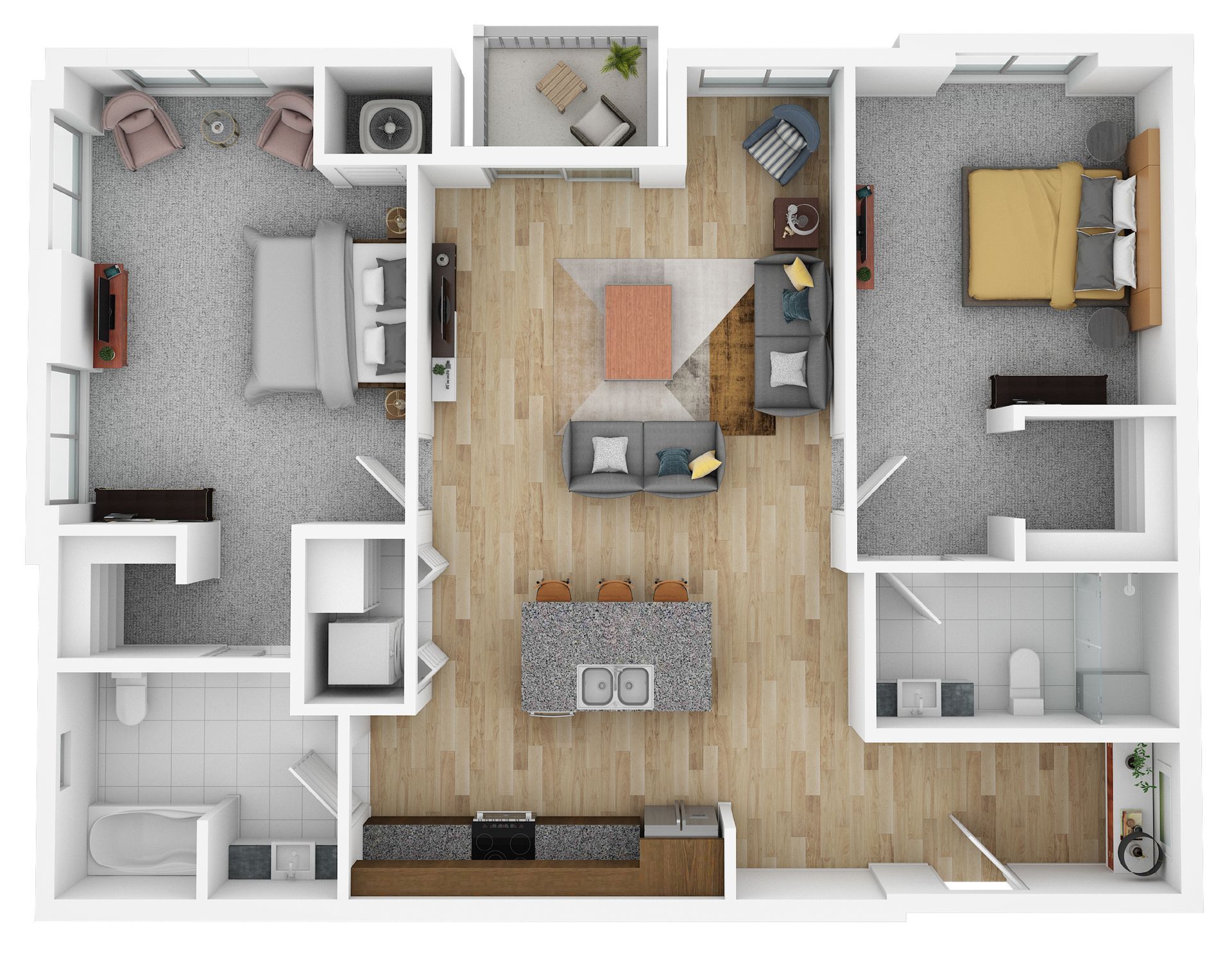 Top-down apartment floor plan with living room, kitchen, bedroom, bath, and balcony in neutral tones