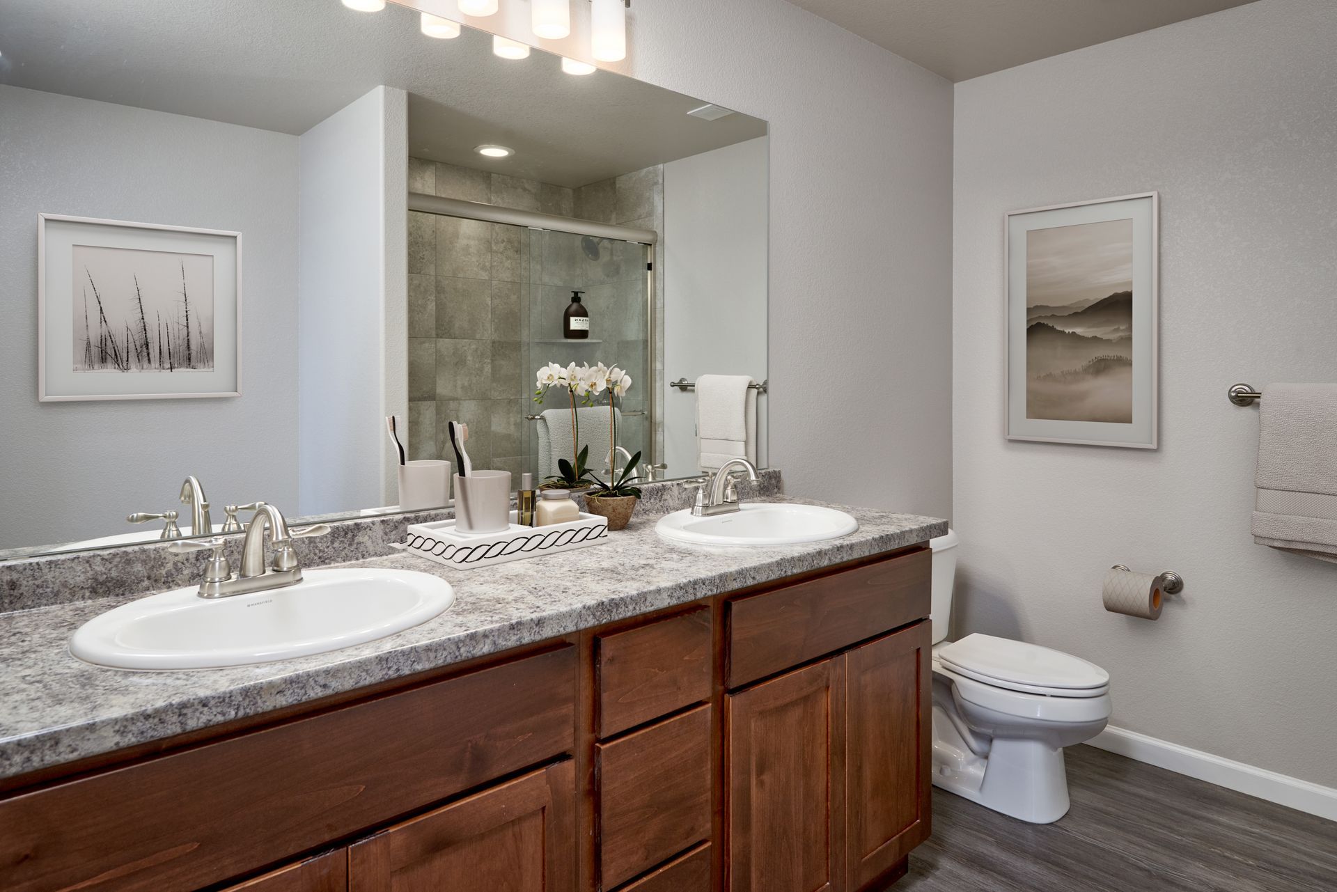 Bathroom vanity with granite countertop, wood cabinets, white sink, toilet, and wall art.