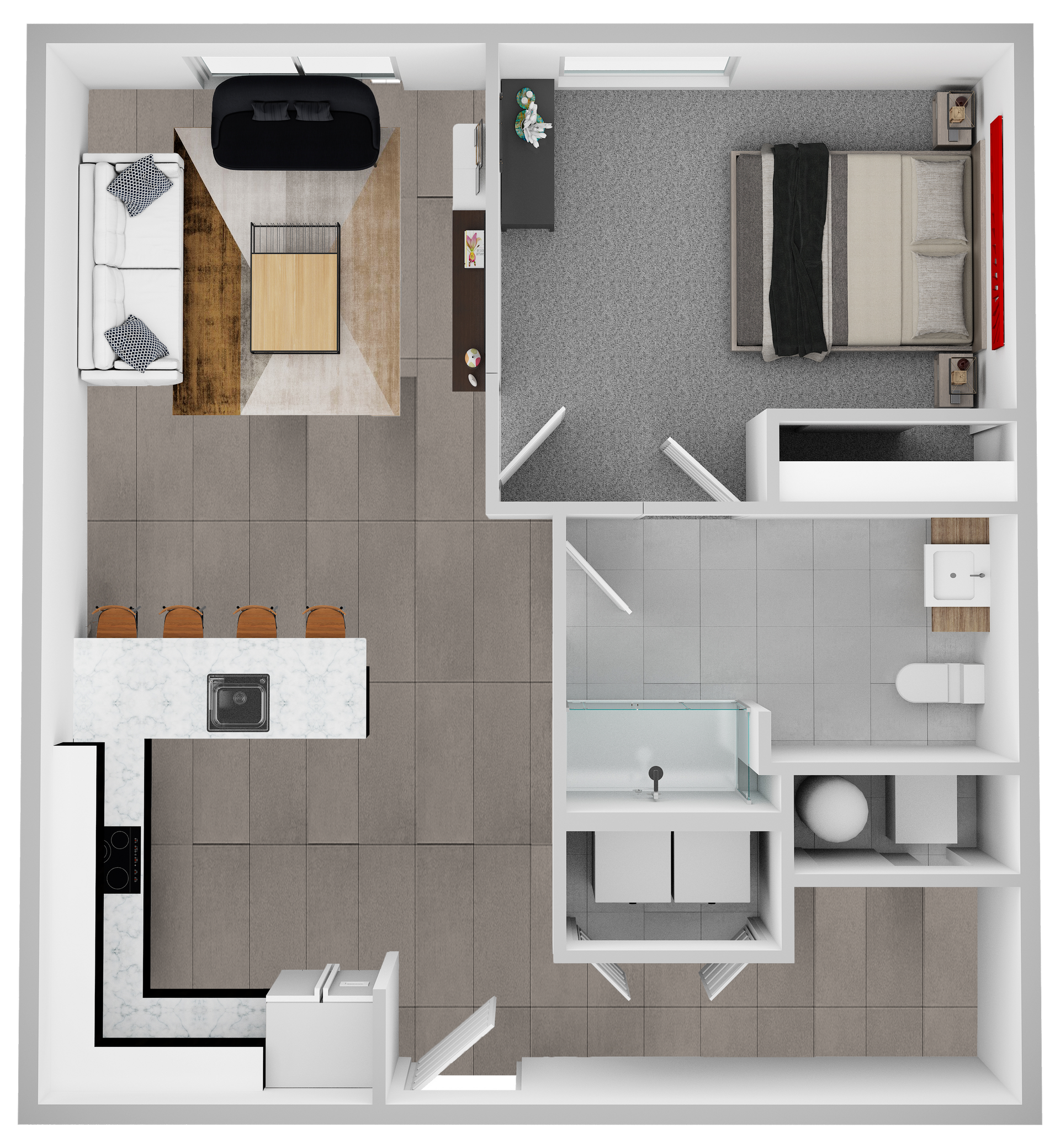 Top-down apartment floor plan with living area, bedroom, kitchen, bath, and balcony in gray and white.
