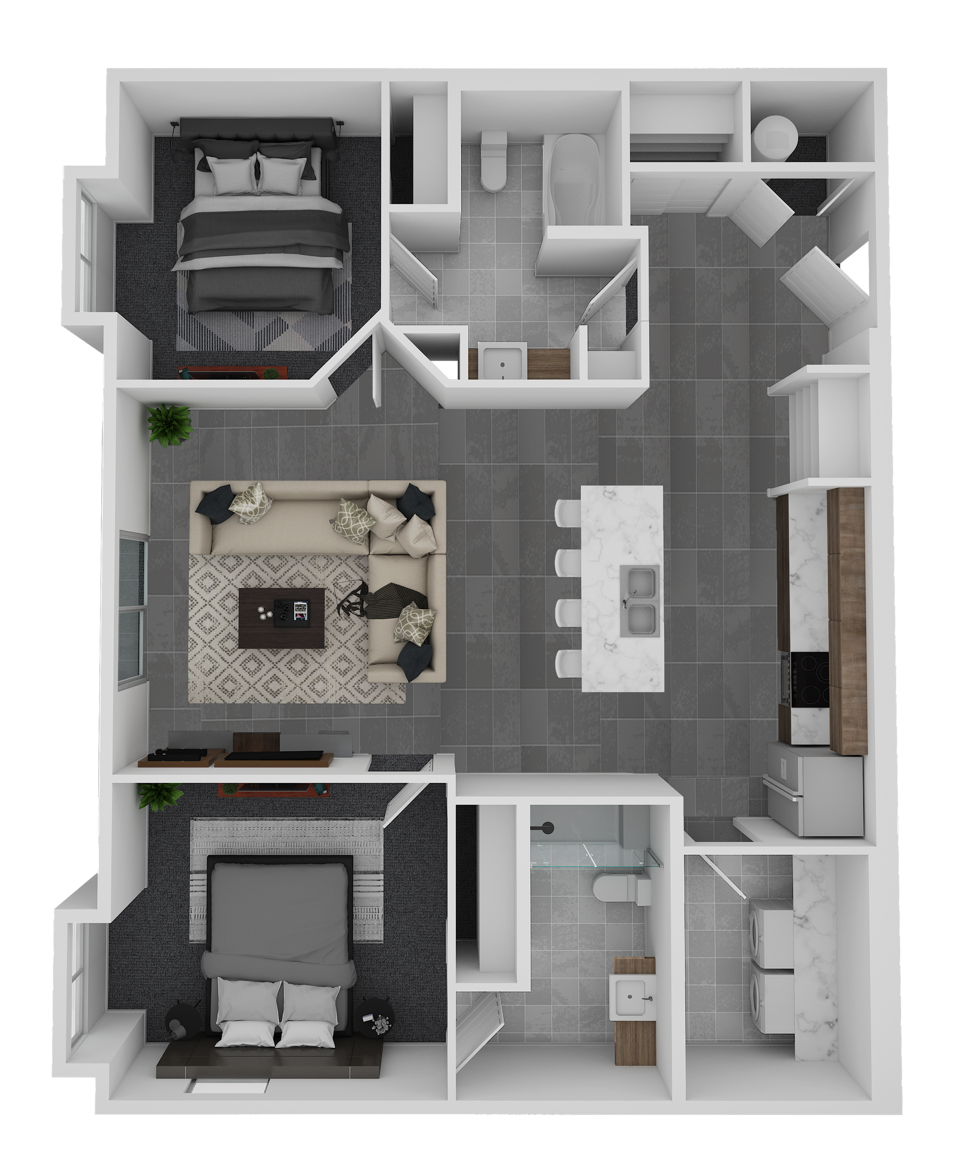 3D floor plan of a modern apartment with bedroom, bathroom, kitchen, living area, and dining space