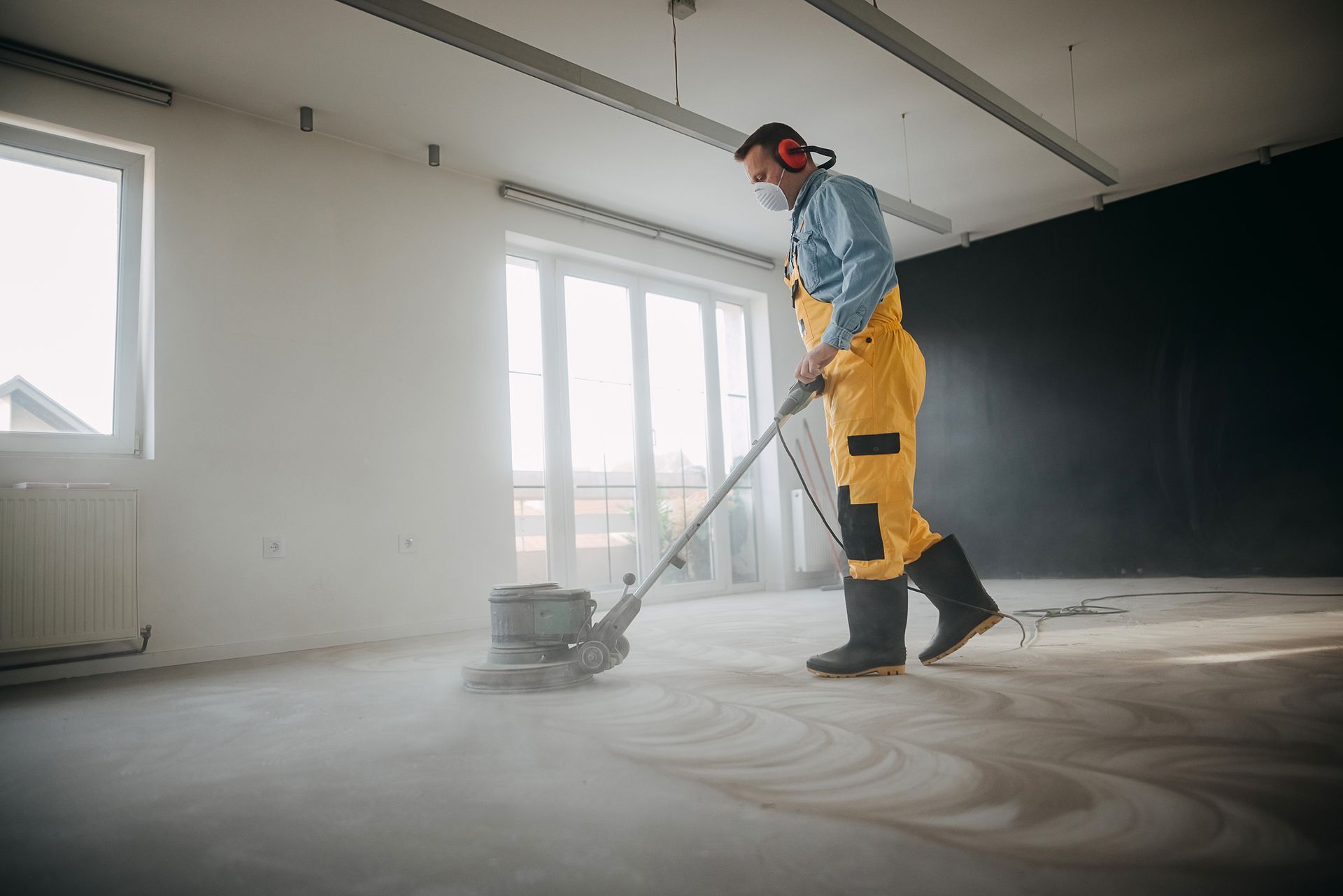 A man with a machine is polishing the floor. A man with a machine is polishing the floor.
