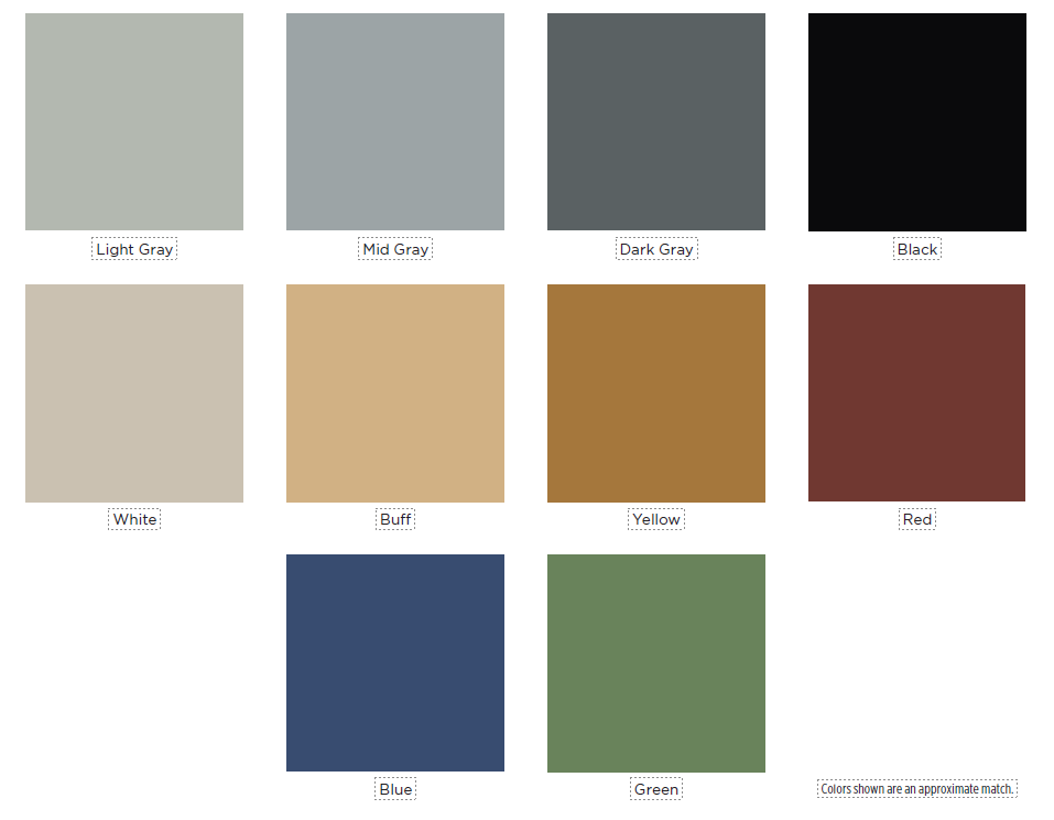 Color swatches of various shades: light gray, medium gray, dark gray, black, white, tan, yellow, rust, blue, and green.