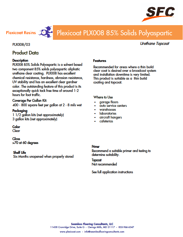 Product data sheet for Plexicoat PLXD08 95% Solids Polyaspartic, a urethane topcoat for floors, with details on coverage.