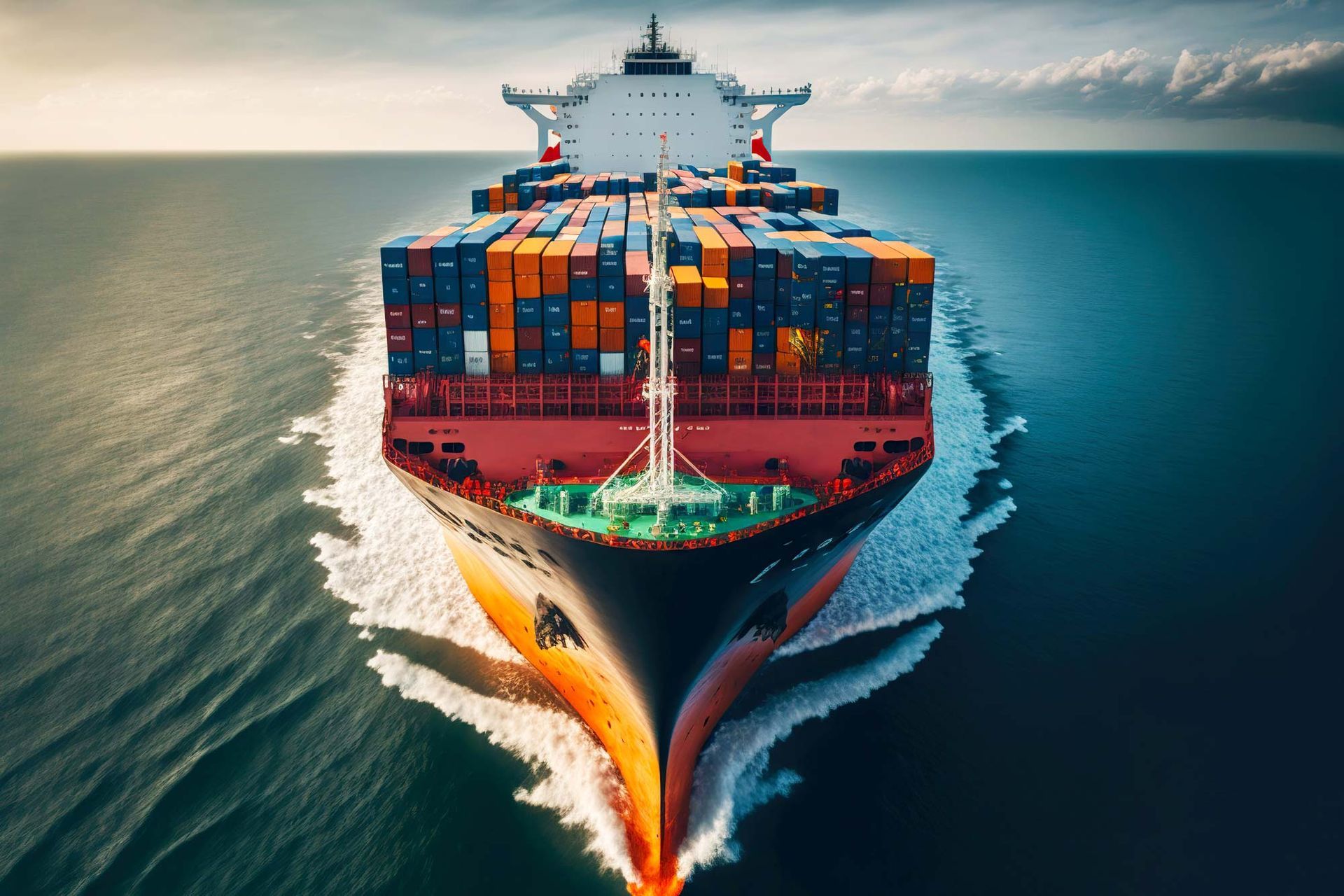 Massive container ship cutting through ocean, viewed head-on with colorful stacked cargo containers.