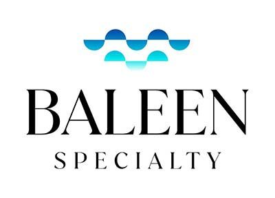 Baleen Specialty logo with blue wave mark above black serif text