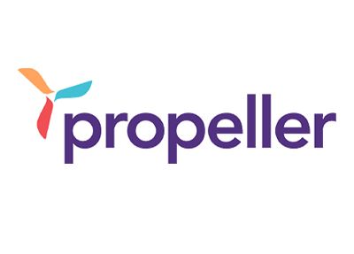 A logo for a company called propeller with a colorful propeller on a white background.