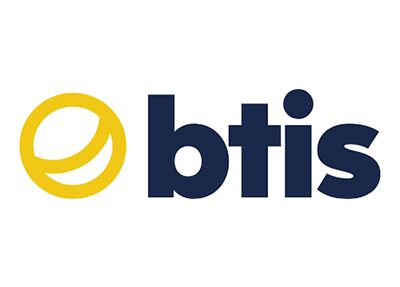 A blue and yellow logo for a company called btis