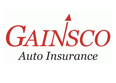 A red and white logo for gain sco auto insurance