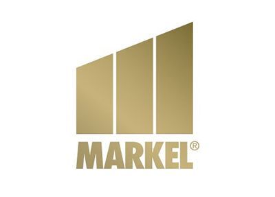 Markel logo with gold vertical bars and wordmark on a white background