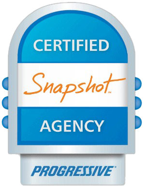 A blue and white sign that says certified snapshot agency progressive