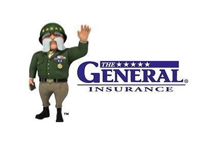 The General Insurance logo with a cartoon general mascot waving on a white background