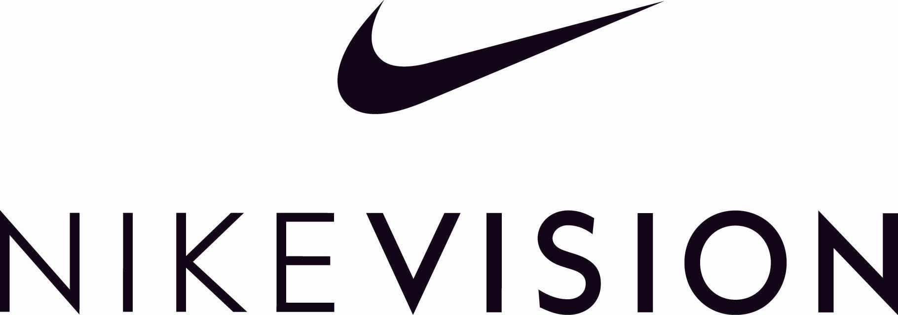 A black and white nike vision logo on a white background