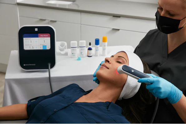 aesthetic nurse uses Obagi Skintrinsiq device on female patient