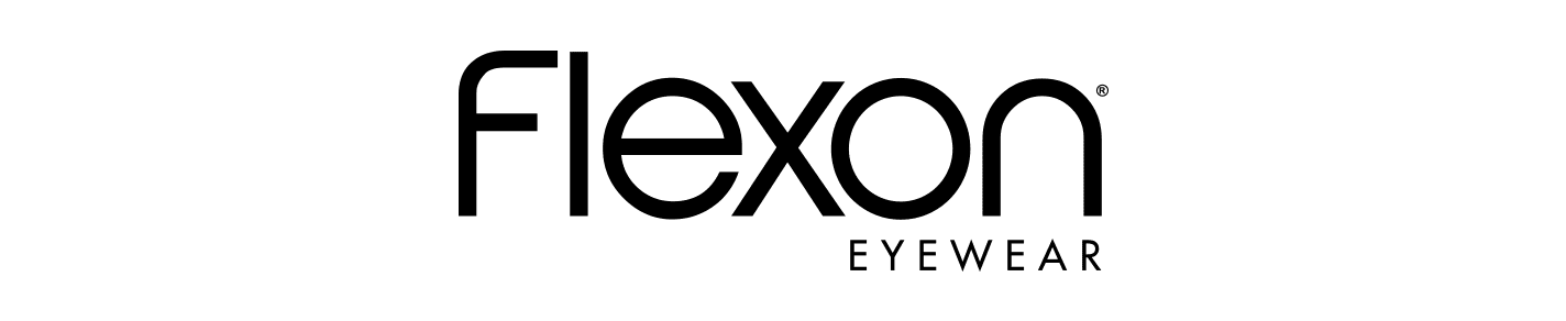 A black and white logo for flexon eyewear on a white background.