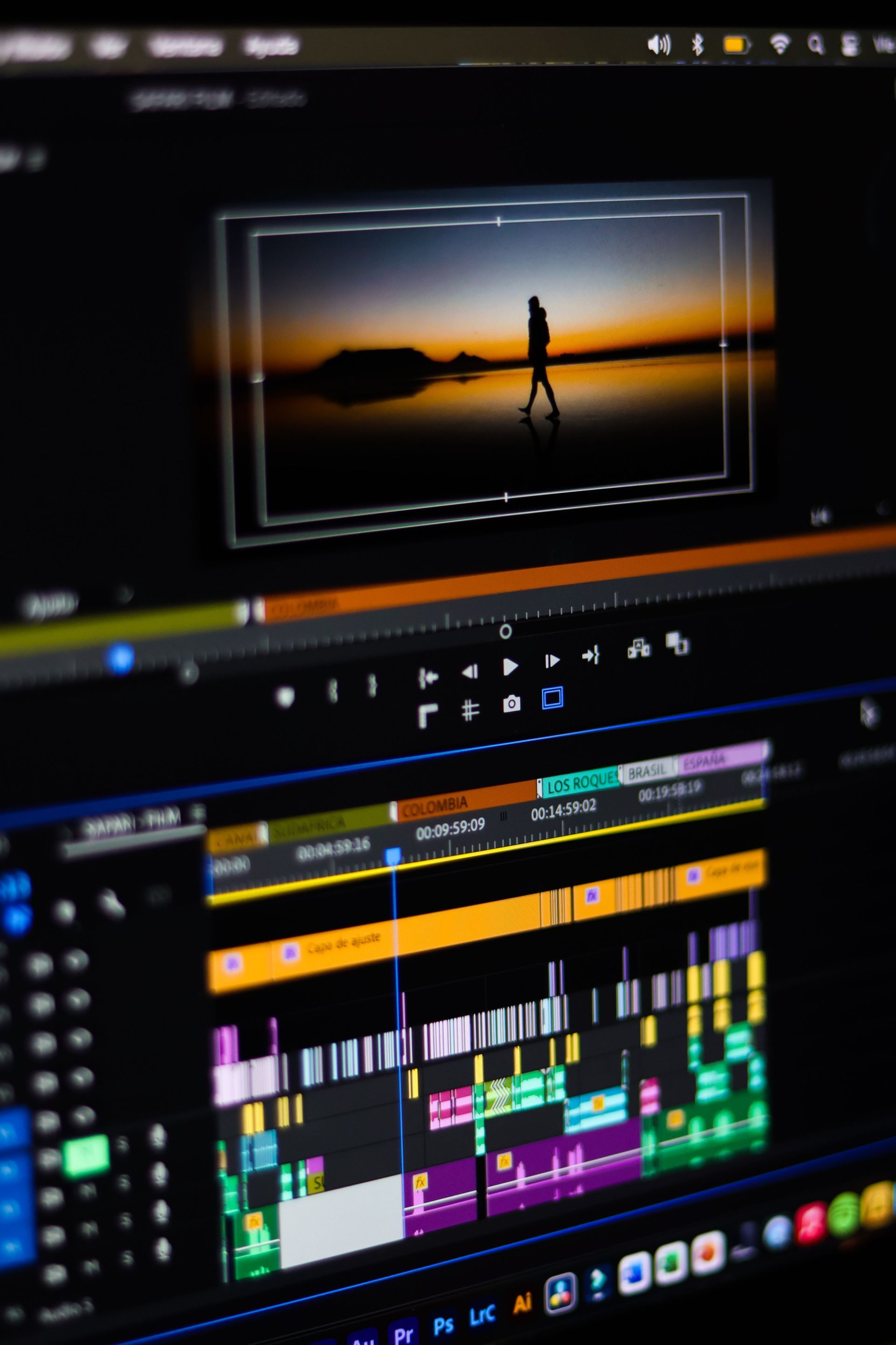 Videobewerkingsinterface met een voorbeeldweergave van een zonsondergangsilhouet en een veelkleurige tijdlijn hieronder.