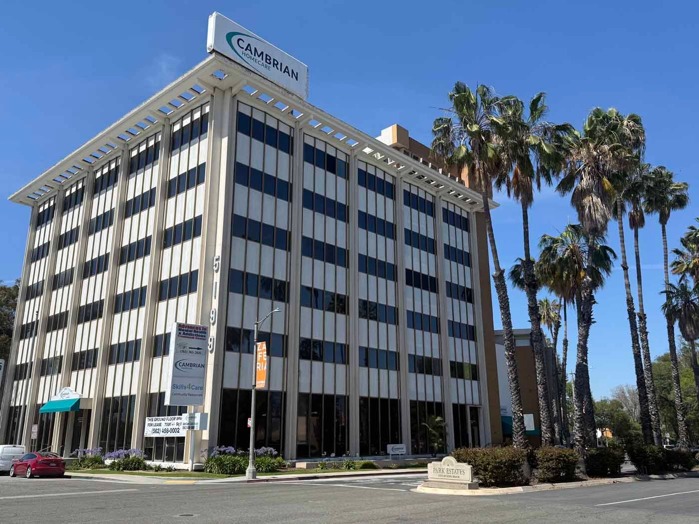 Tall office building with palm trees and a clear blue sky in the background
