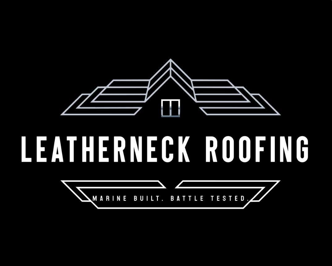 Black and white Leatherneck Roofing logo with stylized roof and tagline &ldquo;Trust Built, Safety Tested.&rdquo;