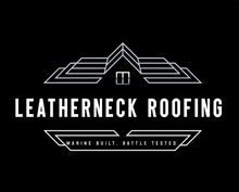 Black and white Leatherneck Roofing logo with stylized roof and tagline “Trust Built, Safety Tested.”