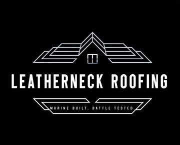 Black and white Leatherneck Roofing logo with stylized roof and tagline “Trust Built, Safety Tested.”