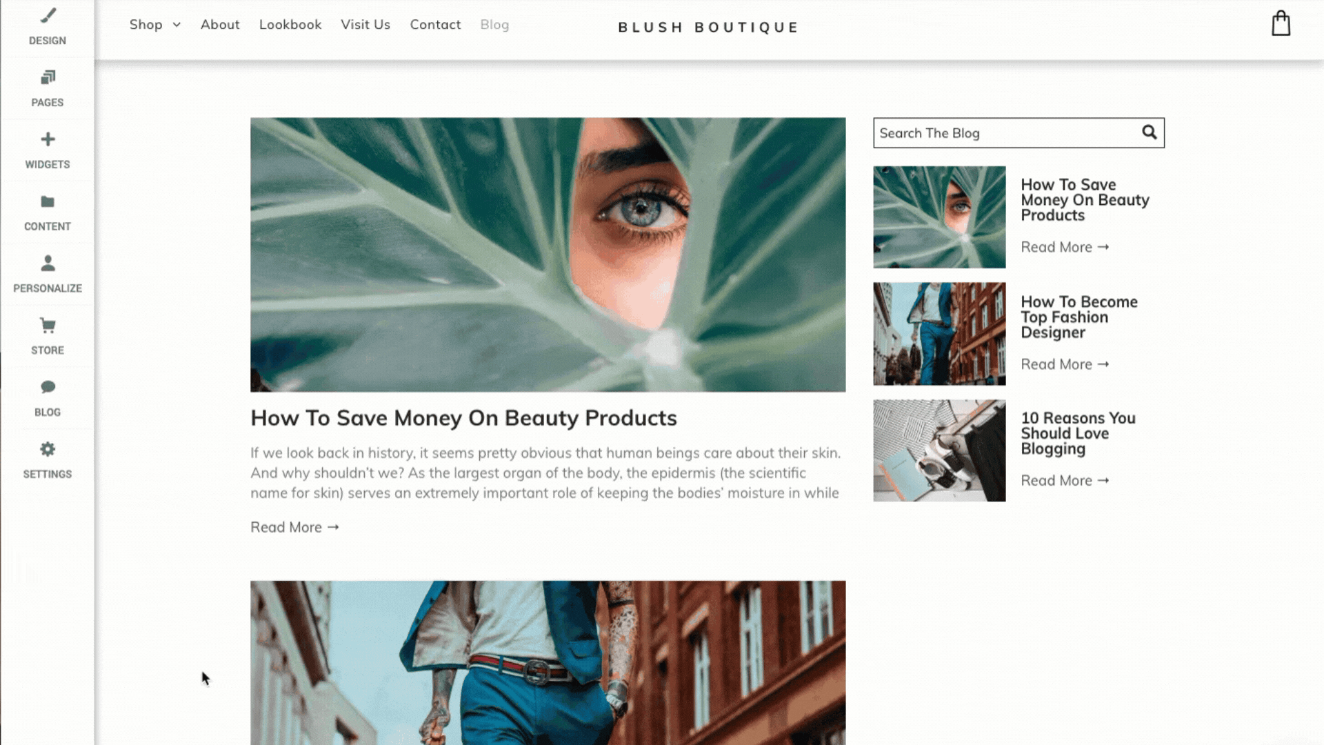 Blog post with eye peeking through leaves; search bar and related posts.