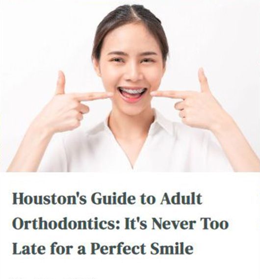 Smiling woman pointing at her teeth, with headline: “Houston’s Guide to Adult Orthodontics”