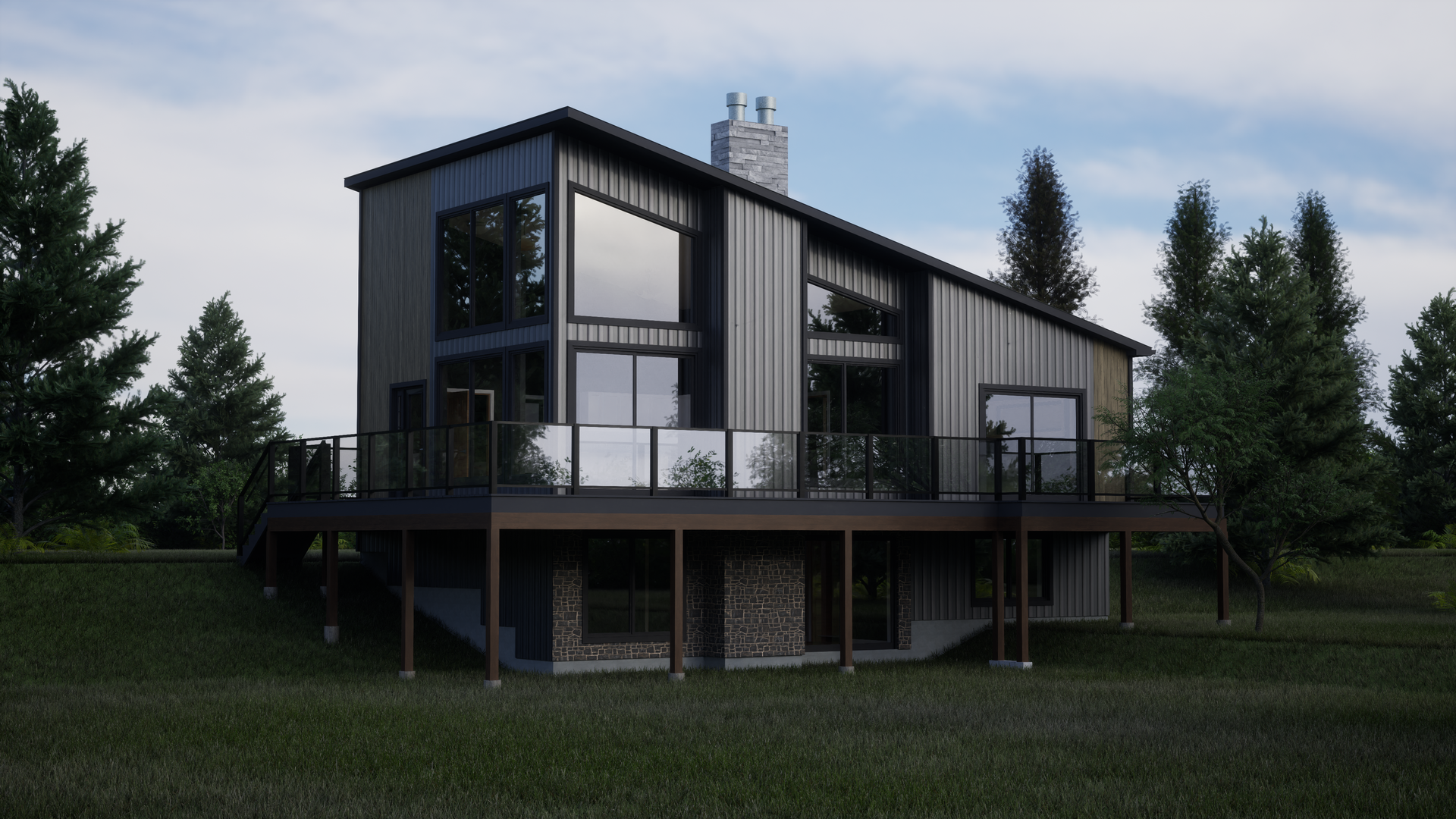 A large house with a large deck is sitting on top of a grassy hill.