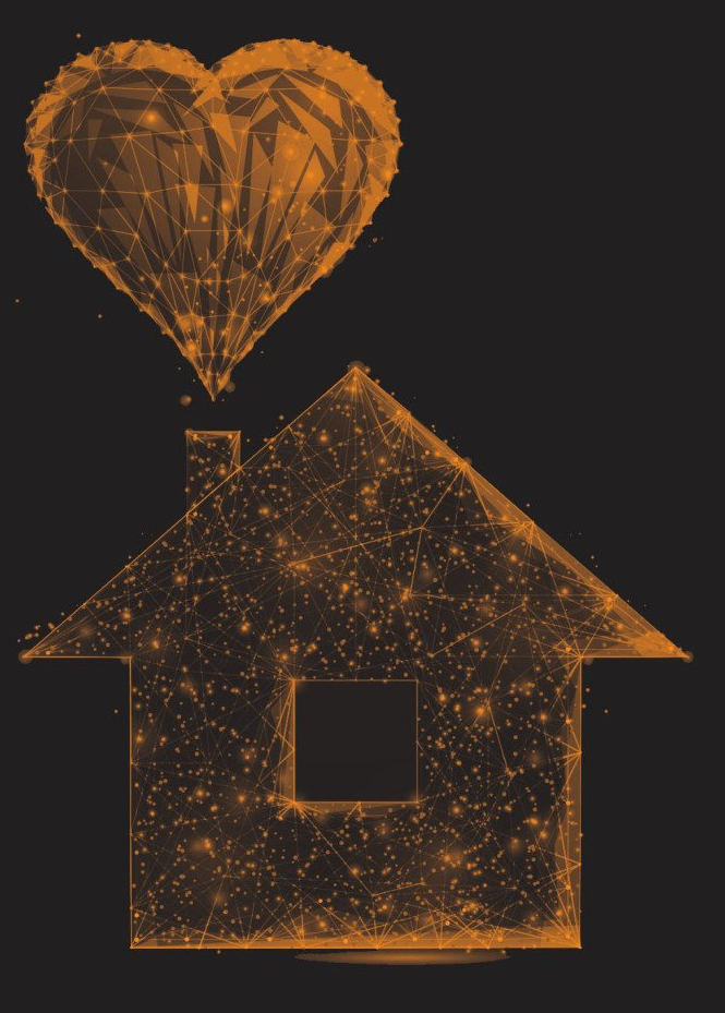 A house with a heart shaped hot air balloon coming out of it 's chimney.