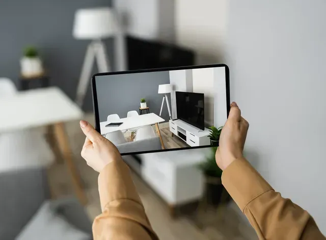 A person is holding a tablet with a picture of a living room on it.