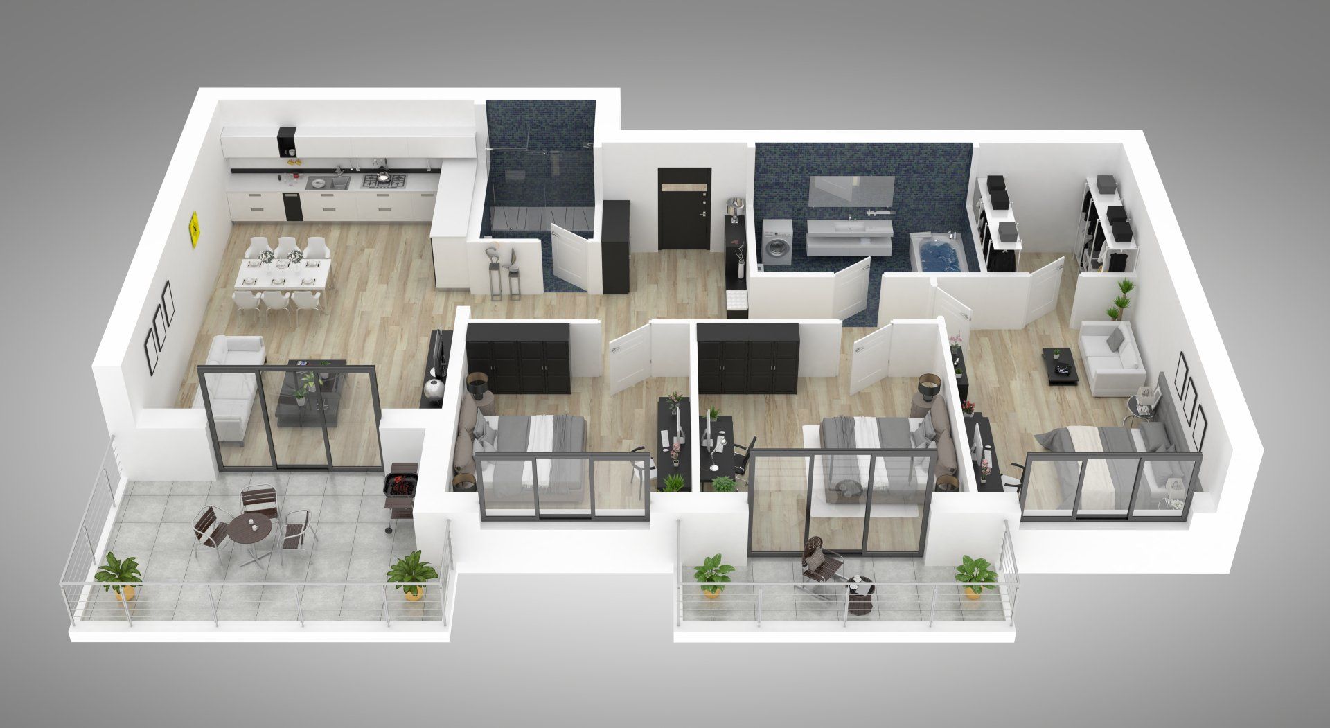 3D floor plan of a modern apartment with living room, kitchen, bedrooms, and balcony