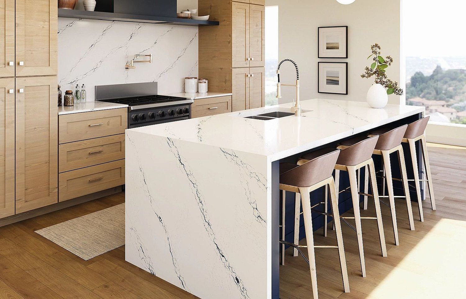 homey kitchen interior with gas stove and white cabinets