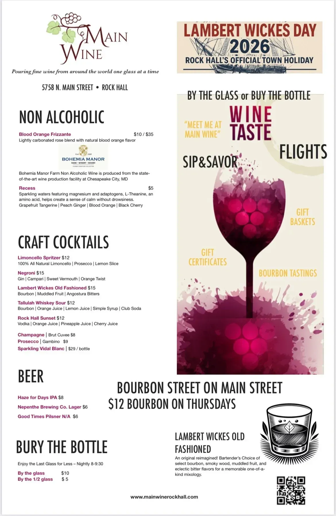Wine festival flyer with tasting flights, wine, craft cocktails, beer, and a pink wine glass graphic