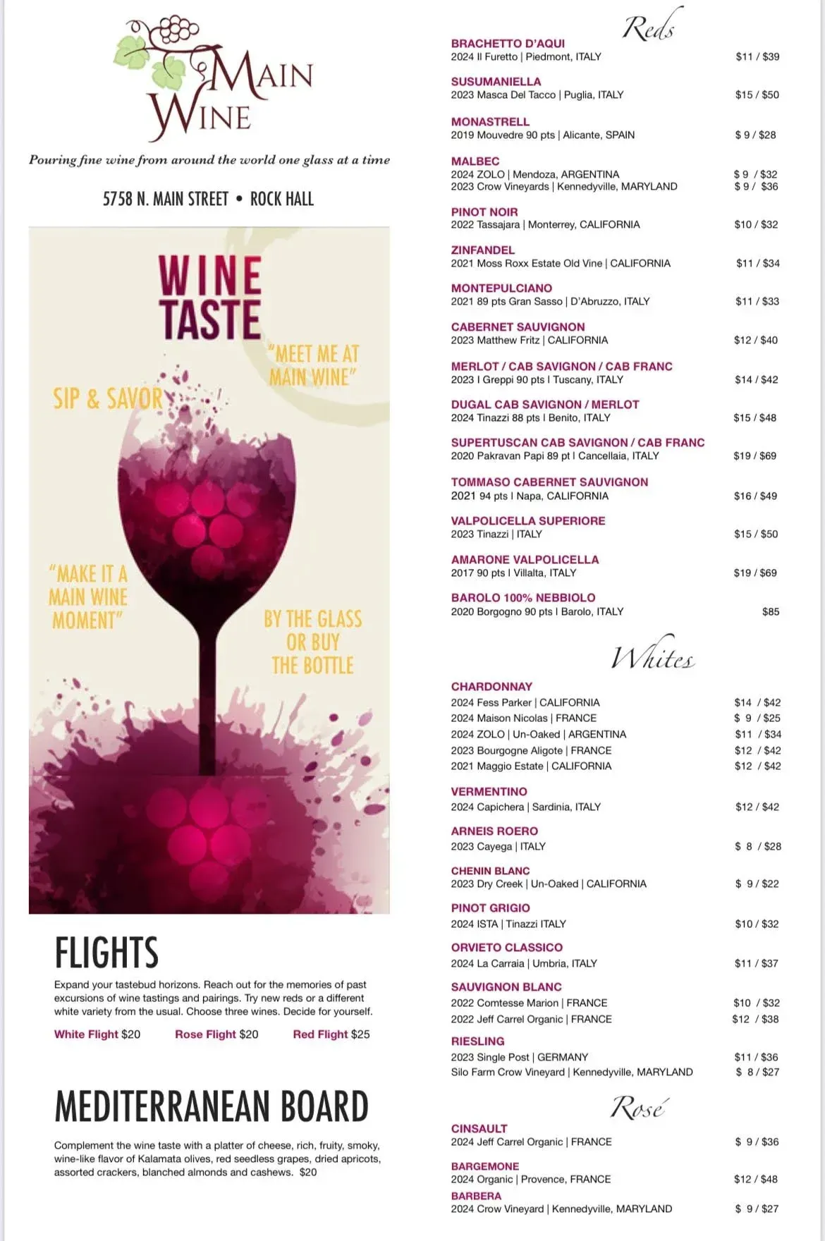 Wine tasting menu with burgundy wine glass graphic and list of wines, flights, and Mediterranean board options