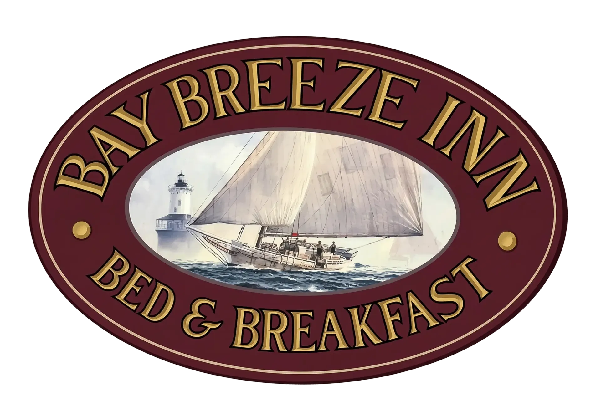 Bay Breeze Inn Bed & Breakfast oval logo with sailboat illustration on maroon background