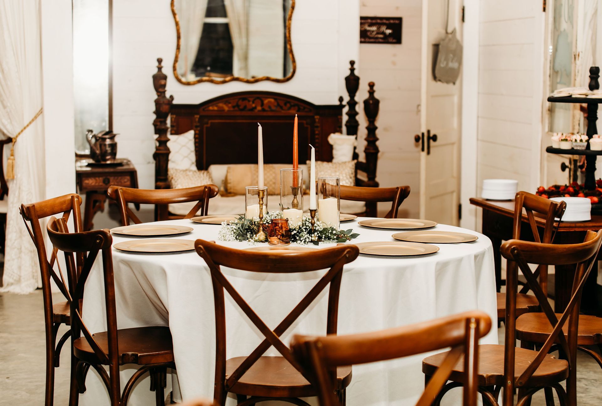rustic wedding reception with wooden chairs