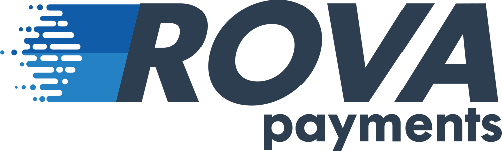 ROVA Payments logo in blue and dark gray with pixel-style icon on the left