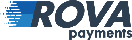 ROVA payments logo in dark blue and light blue on a white background