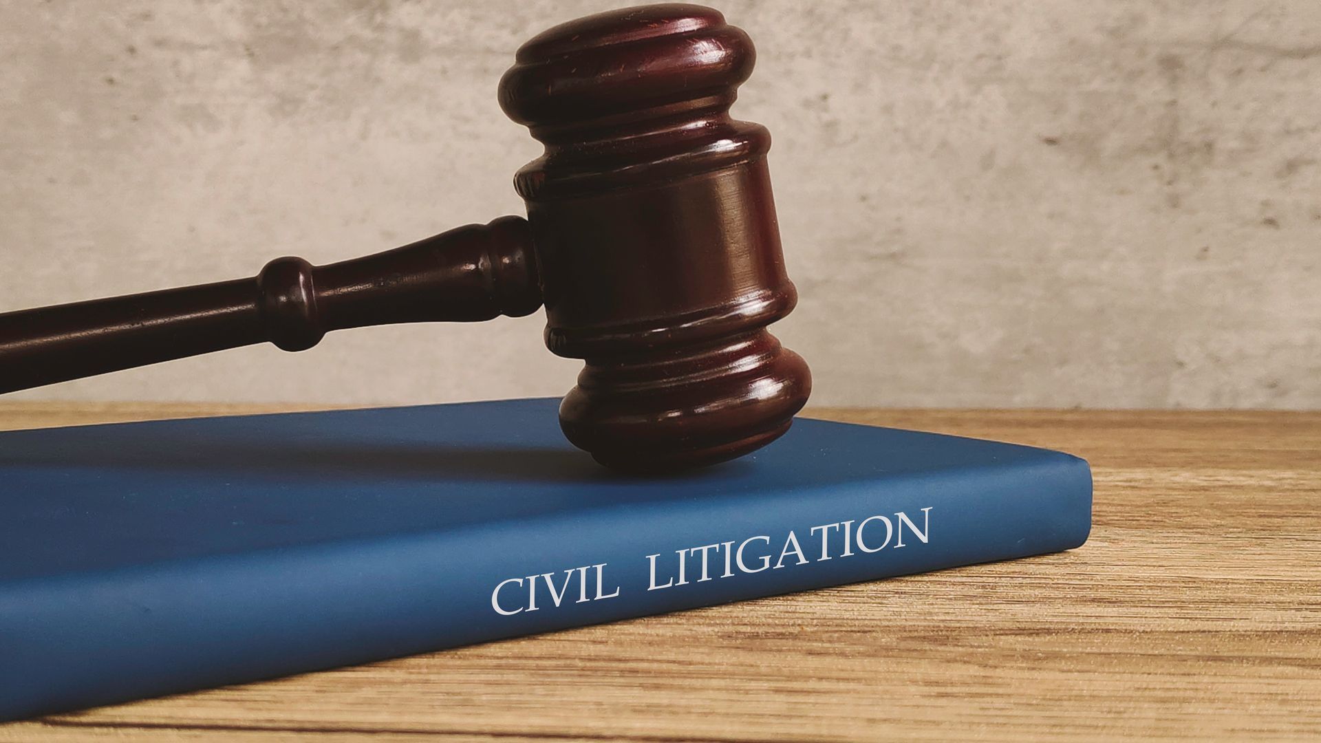 A wooden gavel rests on a blue book titled 