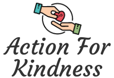 Two hands passing a red heart above the words “Action For Kindness”