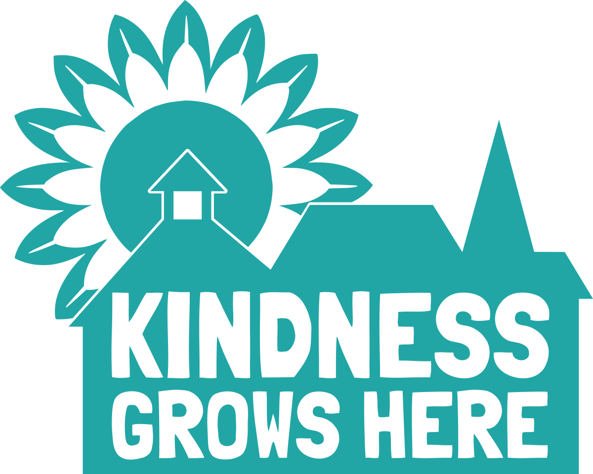 Teal logo with sun and house icon, text reading “KINDNESS GROWS HERE”