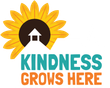 Sunflower logo with house icon and the words “KINDNESS GROWS HERE” in teal and orange