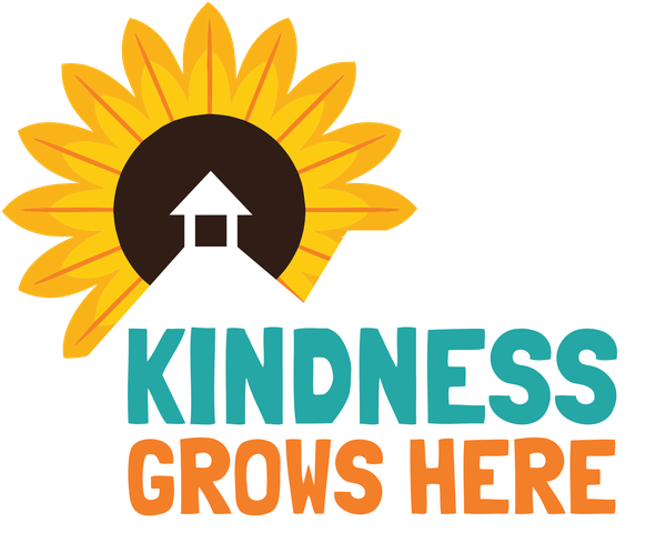 Sunflower logo with house icon and the words “KINDNESS GROWS HERE” in teal and orange.