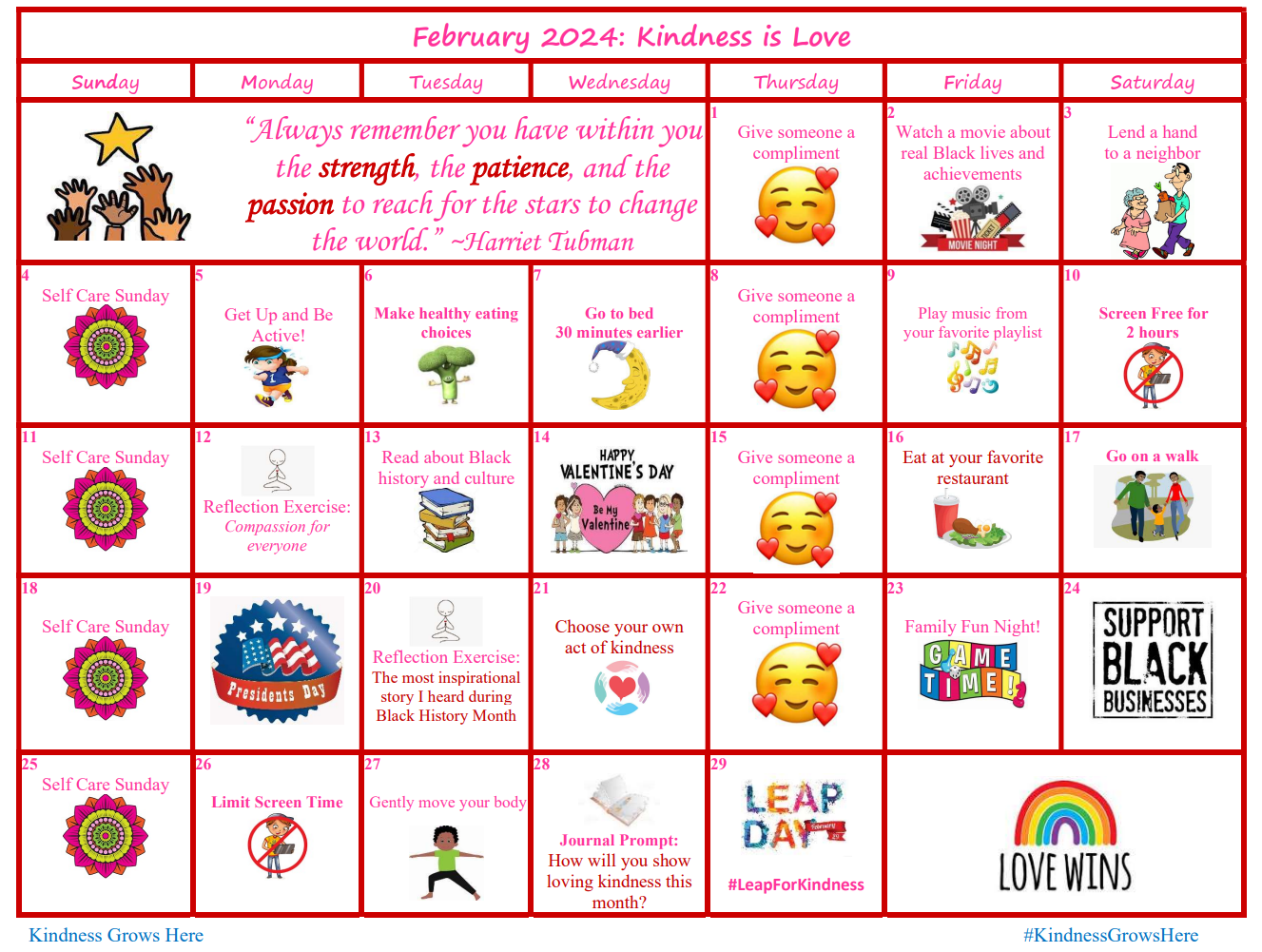 Kindness Grows Here Monthly Kindness Calendar