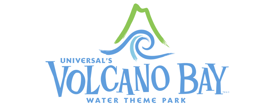Logotipo del parque acuático Volcano Bay de Universal, con texto azul y un icono verde de una ola con forma de volcán