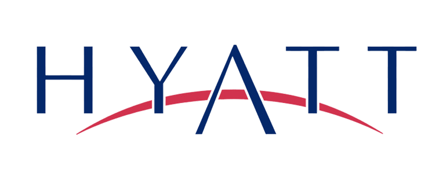 Logotipo de Hyatt en azul marino con una línea curva roja debajo