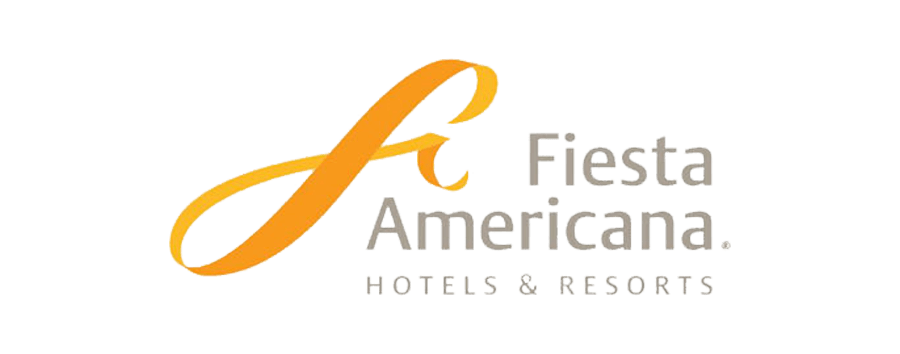 Logotipo de Fiesta Americana Hotels & Resorts, con una «f» cursiva naranja y texto gris sobre fondo blanco