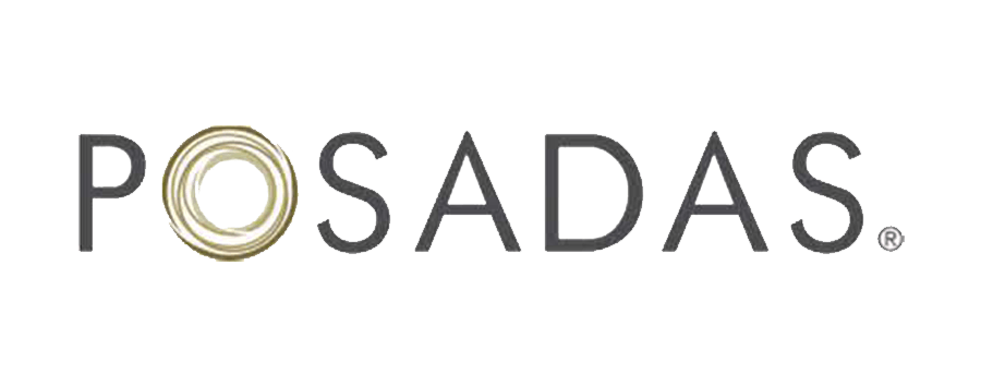 Logotipo de Posadas en gris, con círculos concéntricos dorados que forman la O