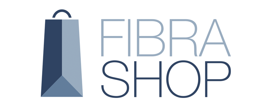 Logotipo de Fibra Shop con una bolsa de compras azul estilizada y texto gris sobre fondo blanco
