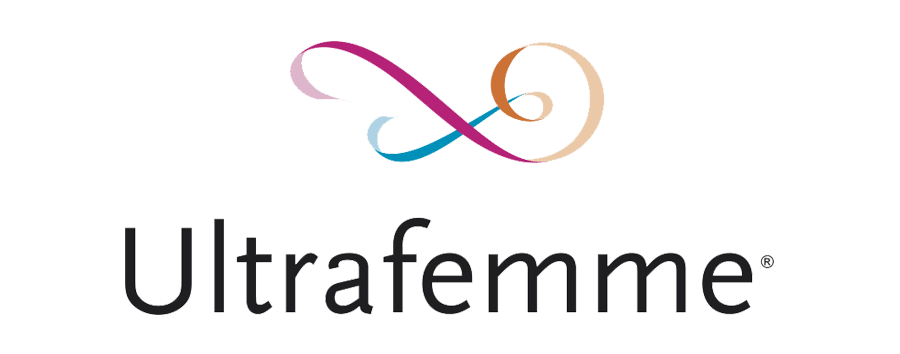 Logotipo de UltraFemme, con un remolino multicolor parecido al símbolo del infinito sobre texto negro y un fondo blanco